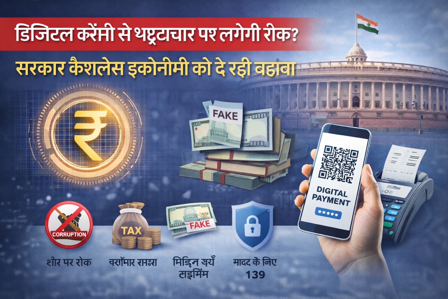 डिजिटल करेंसी और कैशलेस भुगतान को दर्शाता प्रतीकात्मक चित्र