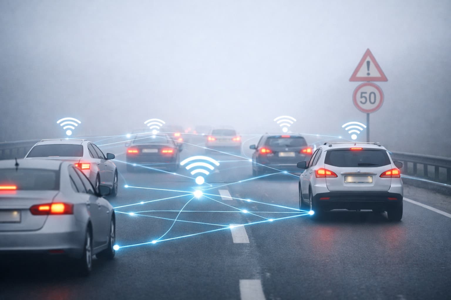 कोहरे में एक्सप्रेसवे पर वाहनों की लाइन और सड़क सुरक्षा के लिए स्मार्ट वाहन तकनीक