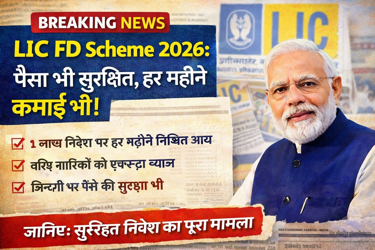 LIC FD Scheme 2026 breaking news image with PM Modi and scheme features in Hindi