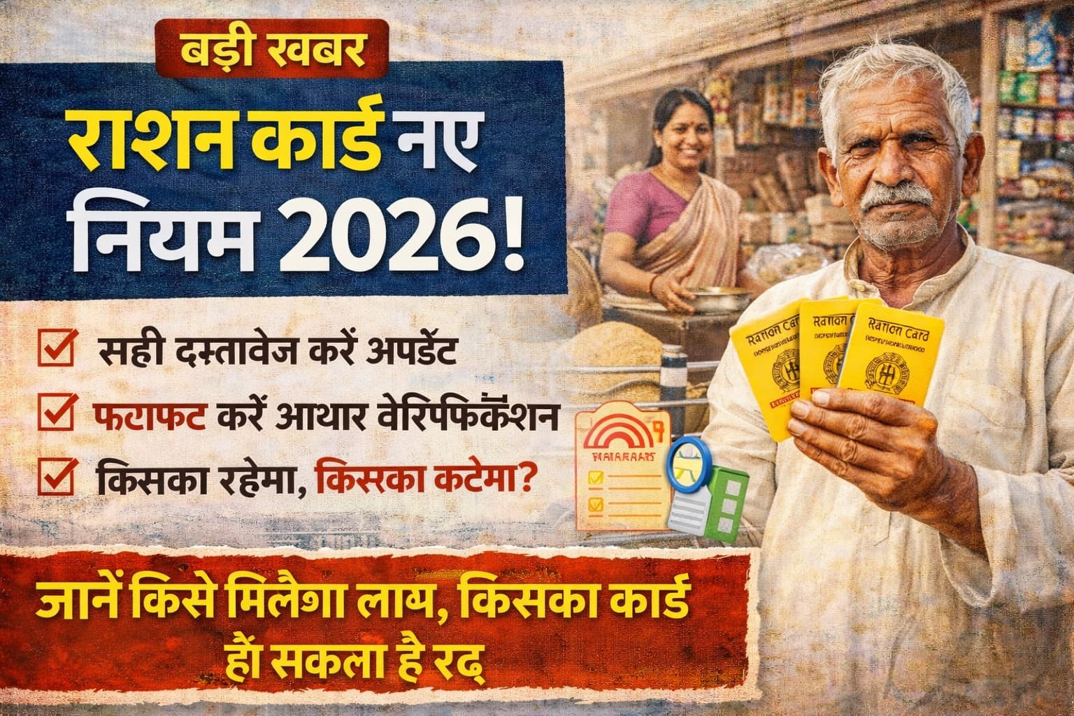 राशन कार्ड नए नियम 2026 की जानकारी दर्शाता सरकारी योजना पोस्टर